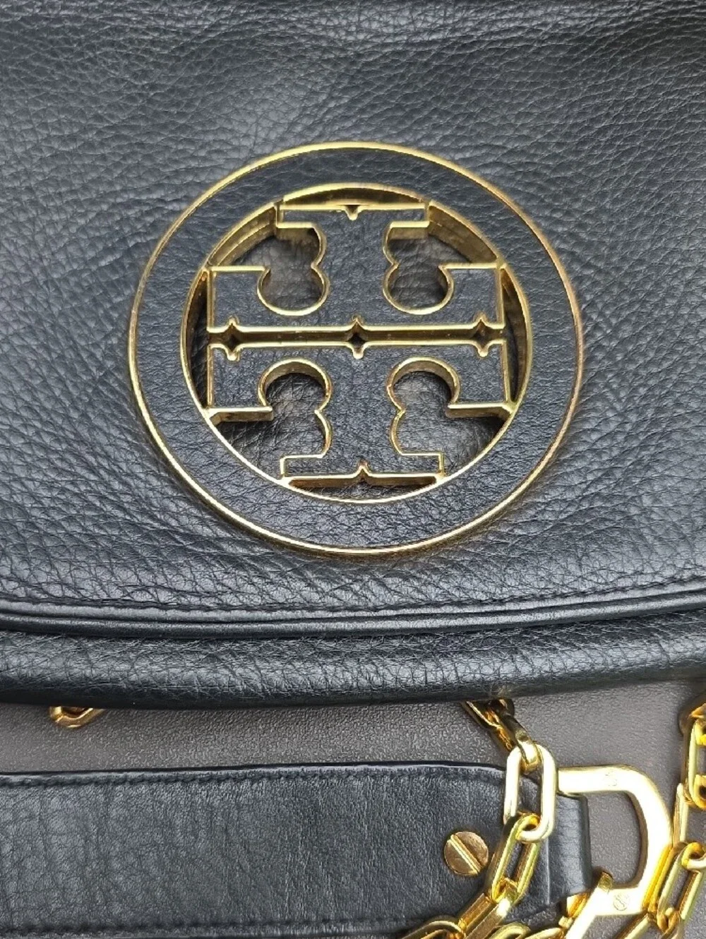 Tory Burch Black Pebbled Leather Crossbody with Gold Logo and Chain Strap